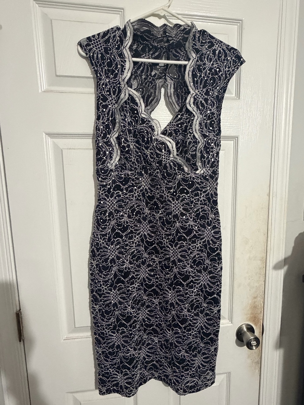 connected apparel Black Lace-Overlay Sheath Midi Dress with White Accents